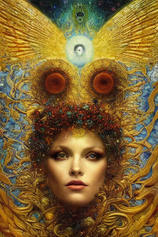 Image similar to Visions of Paradise by Karol Bak, Jean Deville, Gustav Klimt, and Vincent Van Gogh, visionary, otherworldly, radiant halo, fractal structures, infinite angelic wings, ornate gilded medieval icon, third eye, spirals, heavenly spiraling clouds with godrays, airy colors