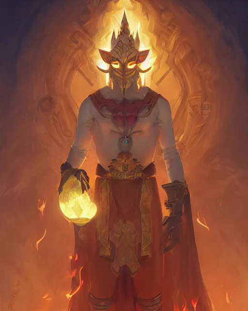 Prompt: happy mask salesman from zelda, full body photo, flames everywhere, highly detailed, digital painting, artstation, concept art, smooth, sharp focus, illustration, art by artgerm and greg rutkowski and alphonse mucha