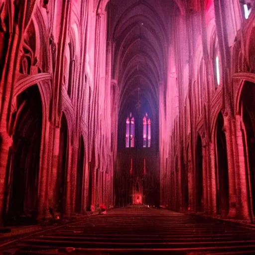 Image similar to A dark cathedral made up of red sandstone lit up by a torches. In the middle of the cathedral is a bonfire surrounded by cultists in red hoods. Their backs facing towards the camera.