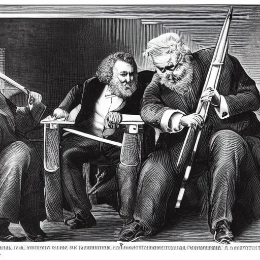 Image similar to karl marx fighting donald trump on marimbas. black and white high contrast