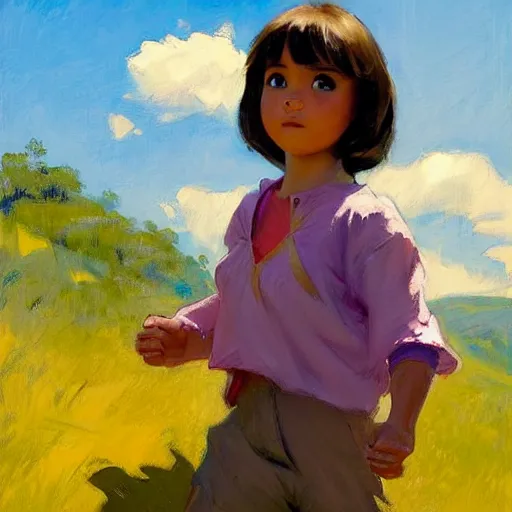 Image similar to Greg Manchess painting of dora the explorer, countryside, fantasy character portrait, dynamic pose, above view, sunny day, thunder clouds in the sky, artwork by Jeremy Lipkin and Giuseppe Dangelico Pino and Michael Garmash and Rob Rey, very coherent asymmetrical artwork, sharp edges, perfect face, simple form, wacky, 100mm