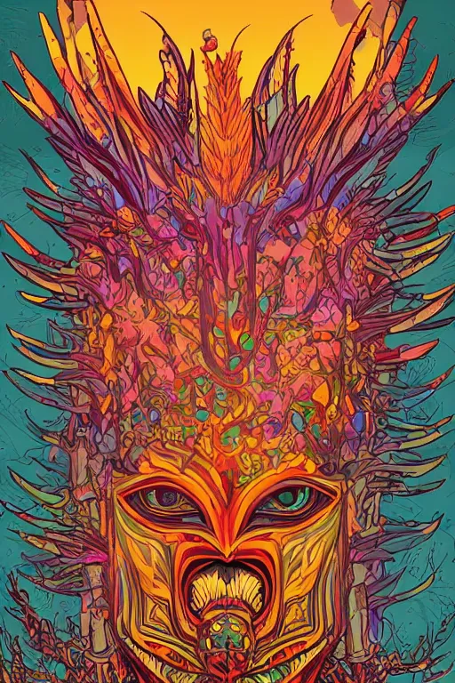 Image similar to animal mask totem roots tribal feather gemstone plant wood rock shaman vodoo video game vector illustration vivid multicolor borderlands comics by josan gonzales and dan mumford radiating a glowing aura