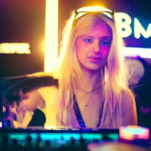 Image similar to A young, blonde-haired woman with soft facial features and blue eyes, 35mm photograph, neon lights in the background, DJing at coachella