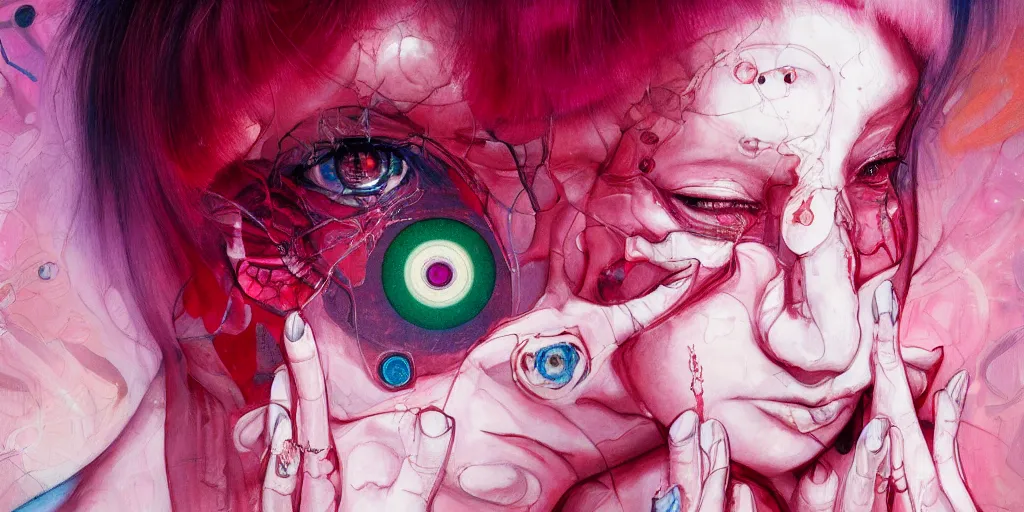 Image similar to full view portrait of a pale cyborg woman crying, in the style of jin kagetsu and james jean, background by beatriz milhazes, highly detailed, big glowing eyes, pink hair, red lipstick, face symmetry, masterpiece, sharp focus, realistic intricate concept art, dramatic lighting, 8 k