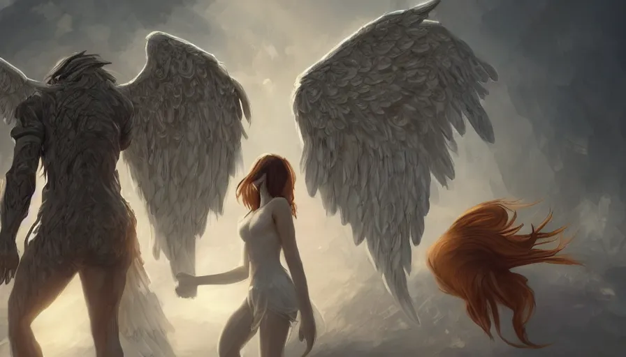 Image similar to An angel and a demon hold hands while walking on a path to a bright light, hyperdetailed, artstation, cgsociety, 8k