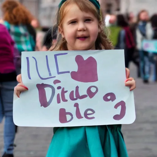 Prompt: a little girl holding a sign that says dublin