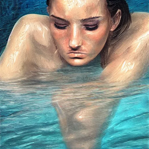 Prompt: fashion model crying underwater, hyperrealism oil painting