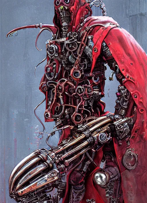 Image similar to portrait of rotten Nicolas Cage as adeptus mechanicus in red hood and robe from Warhammer 40000, mechanical tentacles. Highly detailed, artstation, illustration by and John Blanche and zdislav beksinski and wayne barlowe