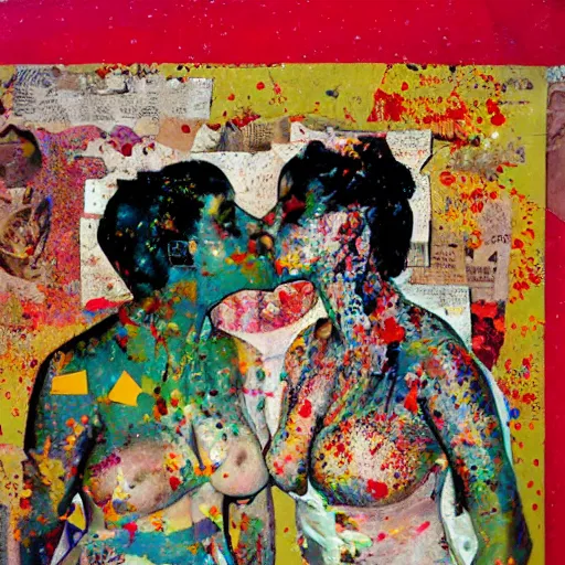 Prompt: two women kissing at a carnival in spain, mixed media collage, retro, paper collage, magazine collage, acrylic paint splatters, bauhaus, claymation, layered paper art, sapphic visual poetry expressing the utmost of desires by jackson pollock