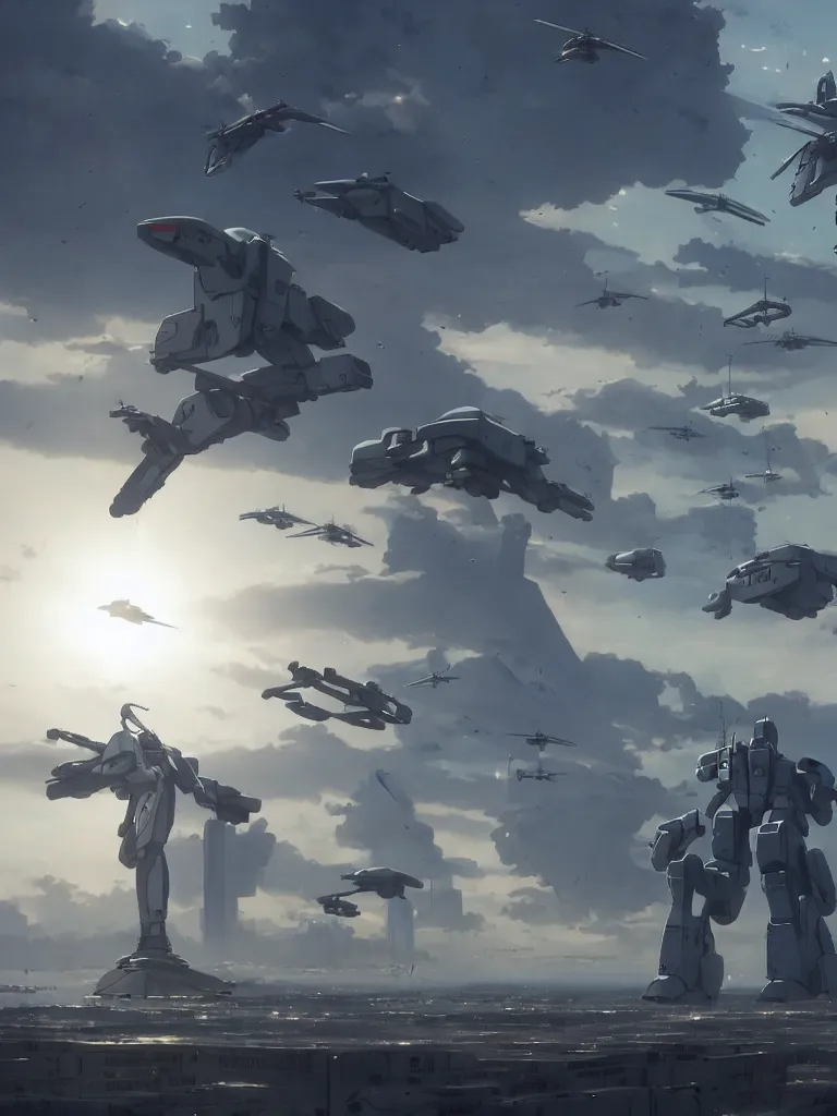Prompt: Beautiful Epic scene of a beautiful gigantic Patlabor style mech being air lifted by futuristic helicopters above a futuristic Tokyo style military city, by Greg Rutkowski and Krenz Cushart and Pan_Ren_Wei and Hongkun_st and Bo Chen and Enze Fu and WLOP and Alex Chow, Madhouse Inc., anime style, crepuscular rays, set in rainy futuristic cyberpunk Tokyo street, dapped light, dark fantasy, cgsociety, trending on artstation