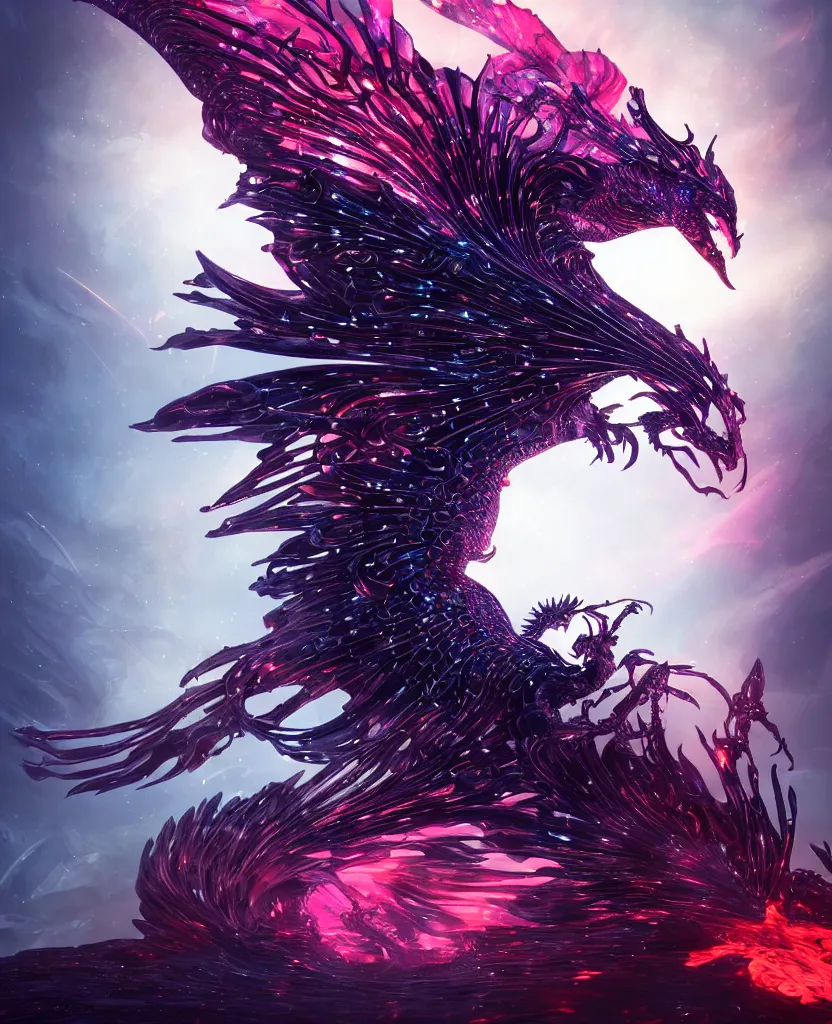 Prompt: close-up macro portrait of the dark queen, epic angle, epic pose, symmetrical artwork, photorealistic, iridescent, 3d with depth of field, blurred background. cybernetic phoenix bird, translucent dragon, nautilus. energy flows of water and fire, by Tooth Wu and wlop and beeple. a highly detailed epic cinematic concept art CG render digital painting artwork scene. By Greg Rutkowski, Ilya Kuvshinov, WLOP, Stanley Artgerm Lau, Ruan Jia and Fenghua Zhong, trending on ArtStation, made in Maya, Blender and Photoshop, octane render, excellent composition, cinematic dystopian brutalist atmosphere, dynamic dramatic cinematic lighting, aesthetic, very inspirational, arthouse