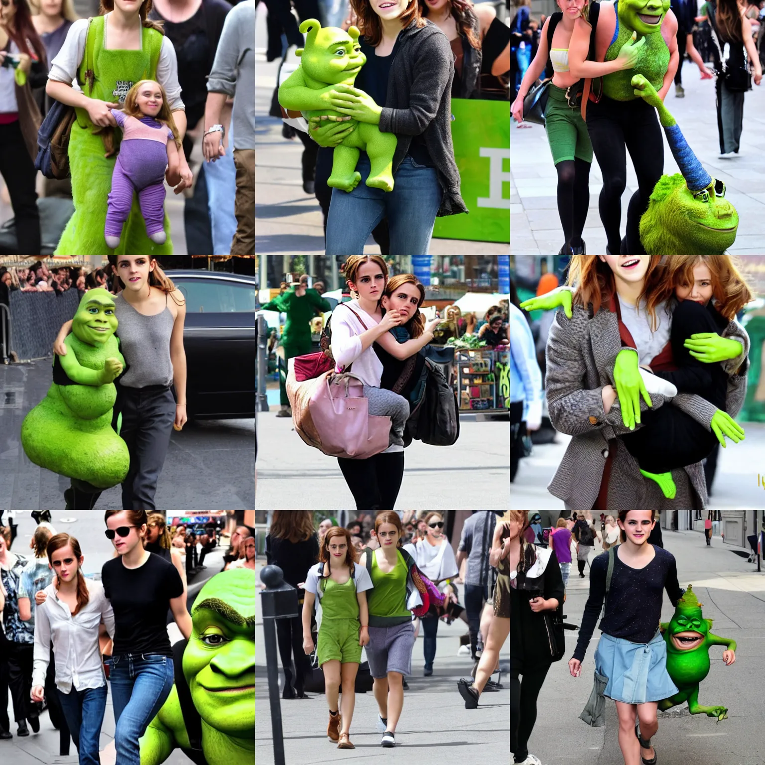 Prompt: emma watson carrying shrek