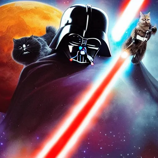 Image similar to Photo of Darth Vader wielding a lightsaber while riding a giant cat in space.