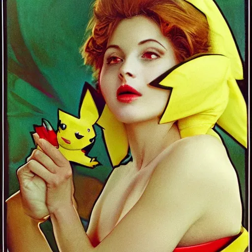 Image similar to elegant woman dressed up as pikachu, art photo by Annie Liebovitz and Alphonse Mucha