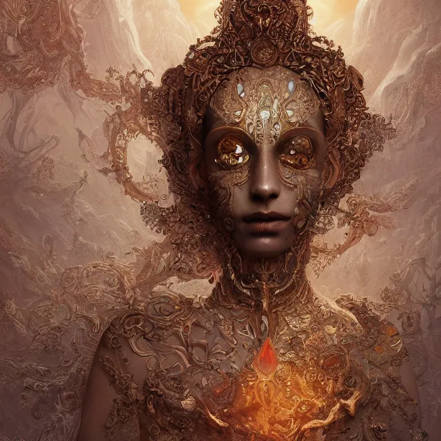 Prompt: human portrait, face, wearing a carved mineral mask with tiny mineral incrustations, godness, ethereal, opal, elements, baroque, rococo, white + orange + ink + tarot card with ornate by marc simonetti, peter mohrbacher, cinematics lights, detailed, intricate illustration, octane render, fractal bacground, fine art, golden ratio, cyborg