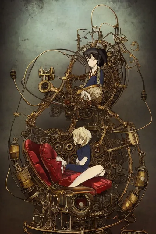 Image similar to anime style illustration, old sick gold and crimsoned scaled asian dragon on a steam punk couch with wires and gears and steam punk apparatus, artstation, matte painting, style of studio ghibli, featured in artstation and artgerm and pixiv, award winning, cinematic, elegant, intricate, 8 k