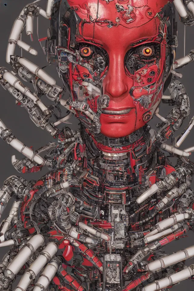 Image similar to an epic fantastic realism comic book style portrait painting of a japanese robotic : akira, nanotech demonic monster horror, geisha with chinese pattern tattoos and, inspired by the lord of ghost in the shell, octane render, intricate detail, 8 k hd, unreal engine 5, ex machina, irobot