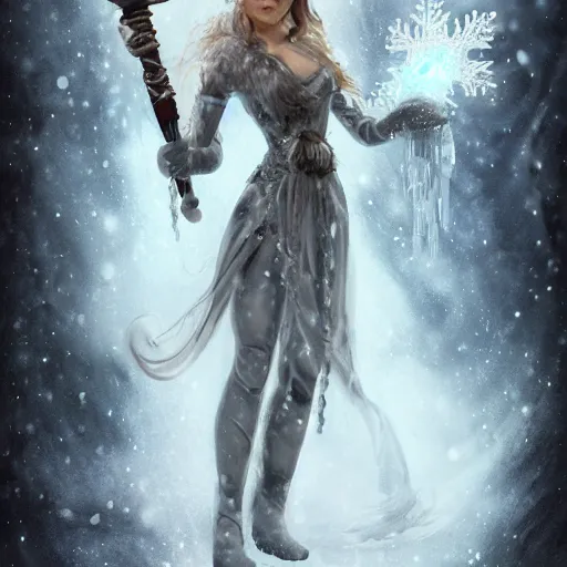 Prompt: auril, goddess of winter, lady made of ice wielding a warhammer made of ice, digital art, trending on artstation, portrait