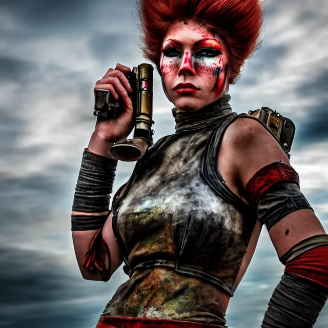 Image similar to full length photo of a very beautiful female atompunk warrior, 8 k, hdr, smooth, sharp focus, high resolution, award - winning photo