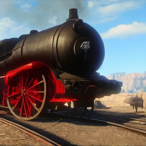 Image similar to futuristic sleek steam locomotive in red dead redemption 2