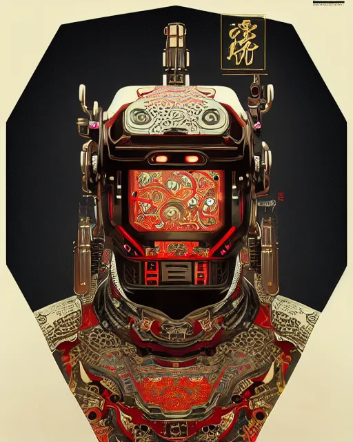 Image similar to portrait of a masculine male cyberpunk machine, machine face, upper half portrait, decorated with chinese opera motifs, asian, fine china, wuxia, traditional chinese art, intricate, elegant, highly detailed, symmetry, headpiece, digital painting, artstation concept art smooth sharp focus, illustration, art by artgerm and greg rutkowski alphonse mucha 8 k