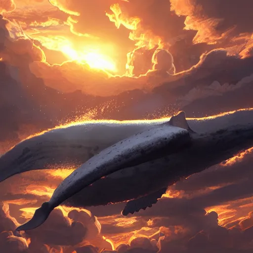 Prompt: A huge whale flying in the clouds above a steampunk mega city, golden lighting, artstation