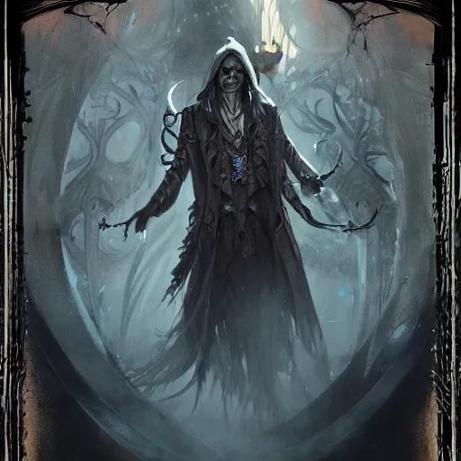 Prompt: Johny Depp as an undead Lich necromancer, Magic the Gathering art, undead facial features, art by greg rutkowski and alphonse mucha, highly detailed, digital painting, matte painting, concept art, illustration, oppressive lighting, trending on artstation, very detailed