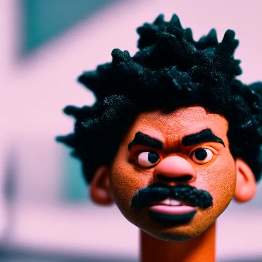 Image similar to a cinematic film still of a claymation stop motion film starring chance the rapper as a college student, shallow depth of field, 8 0 mm, f 1. 8