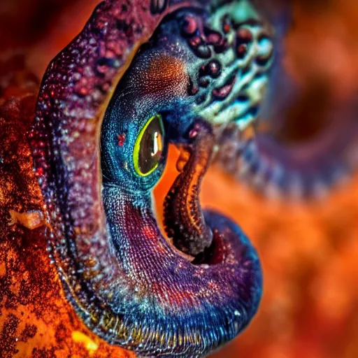 Prompt: fiery whimsical emotional eyes cephalopod, in a photorealistic macro photograph with shallow dof