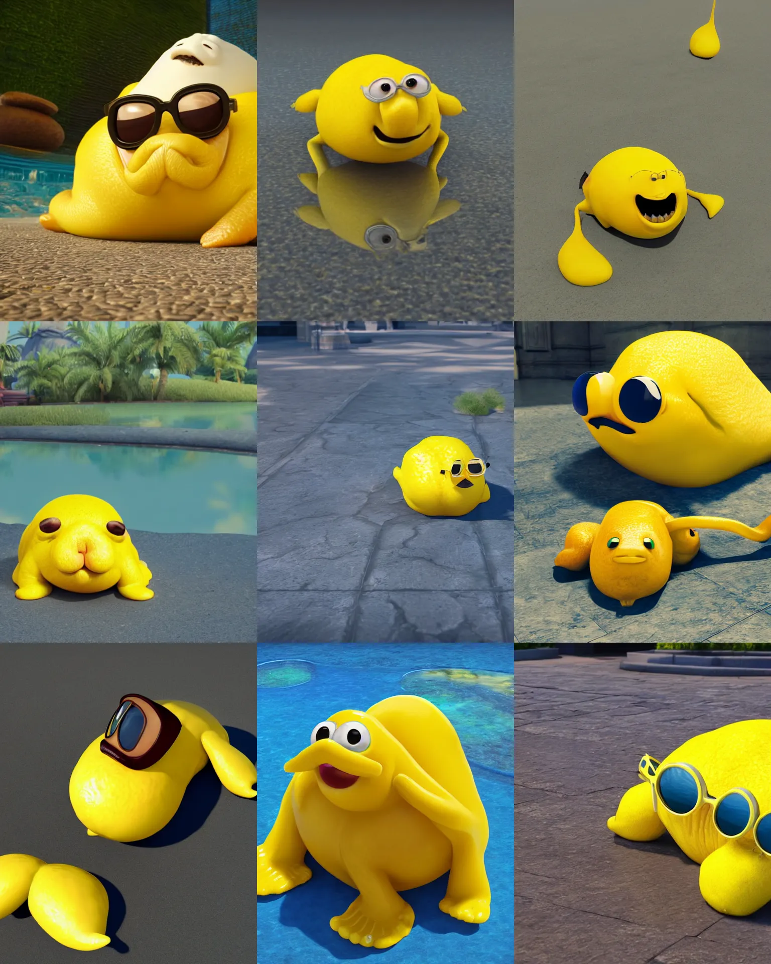 Prompt: a yellow lemon walrus lemon from the latest disney pixar film, stopmotion animation, detailed, cgi, greg, ross tran, rendered in unreal engine, lemons on the ground, sunglasses