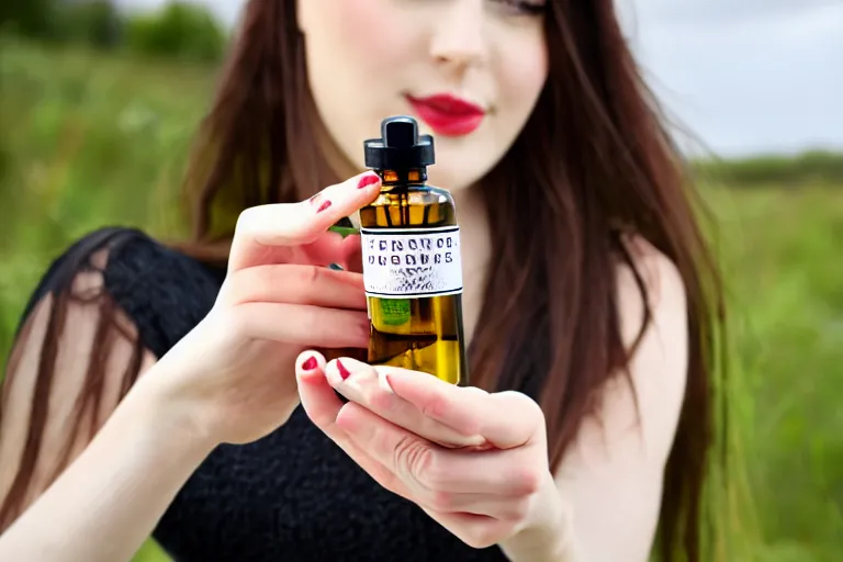 Image similar to beautiful hobbo holding a bottle of hawthorn tincture in her hands, professional shooting, model shooting, high quality, professional light,