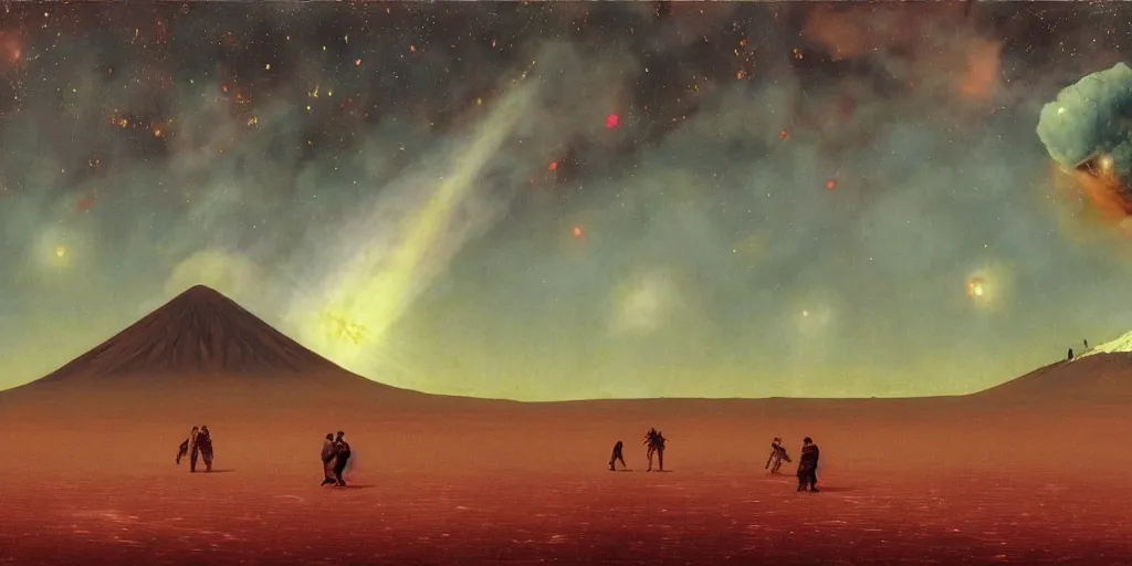 Image similar to supernova, planet with icy volcano on ground surface, people stranding, wandering endesslym desert, extraterrestial sky, stars, painted by steve mccurry, ruan jia, raymond swanland, lawrence alma tadema, zdzislaw beksinski, norman rockwell, jack kirby, tom lovell, alex malveda, greg staples