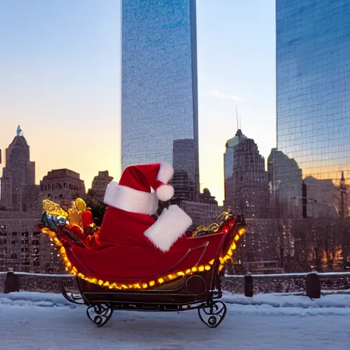 Image similar to santa claus in a sleigh in front of world trade center with a beautiful sunset in the background