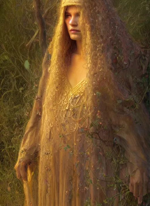 Image similar to A druid, by Jean Delville and Sophie Anderson and Mandy Jurgens, golden ratio, perfect composition, elegant, no crop, extremely detailed, hd, masterpiece, artstation