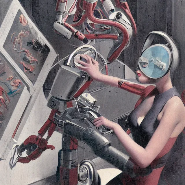 Image similar to robot artist painting a self - portrait on a canvas. intricate, highly detailed, digital matte painting in the style of gil elvgren and in the style of wayne barlowe. irony, recursion, inspiration.