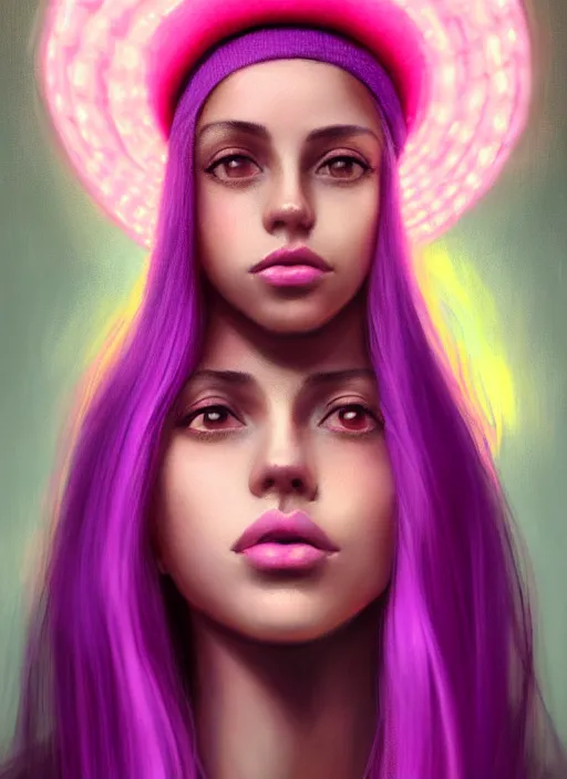 Image similar to portrait of teenage vanessa morgan with bright pink hair, vanessa morgan, curly pixie cut hair, wearing a purple breton cap, breton cap, hoop earrings, intricate, elegant, glowing lights, highly detailed, digital painting, artstation, concept art, smooth, sharp focus, illustration, art by wlop, mars ravelo and greg rutkowski