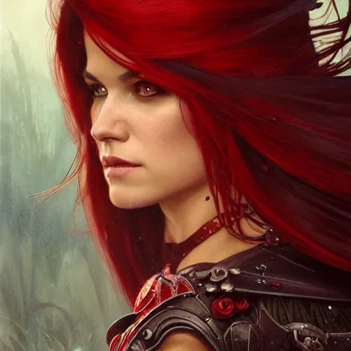Image similar to beautiful Marie Avgeropoulos as Red Queen, Blodreina, sci-fi, closeup, D&D, fantasy, intricate, elegant, highly detailed, digital painting, artstation, concept art, matte, sharp focus, illustration, art by Artgerm and Greg Rutkowski and Alphonse Mucha