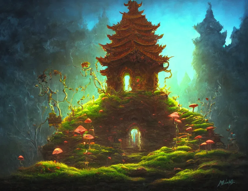 Image similar to fungus temple. oil painting by award - winning mangaka, bloom, chiaroscuro, backlighting, depth of field.