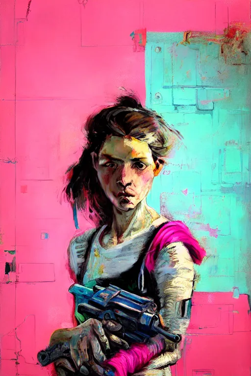 Image similar to portrait of a beautiful postacoliptic girl that has lived trough war and has seen death, in the colors hot pink and cyan, beautiful face, rule of thirds, complex outfit, with gadgets and guns build from scrap and junk metal, spotlight, by greg rutkowski, by jeremy mann, by francoise nielly, by van gogh, digital painting