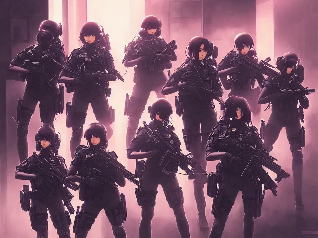 Image similar to anime key visual of a team of multiple female swat officer ready to attack, neon, cyberpunk, futuristic, stunning, highly detailed, digital painting, smooth, soft focus, illustration, movie poster, japanese typography, digital art from artstation by artgerm and greg rutkowski and alphonse mucha