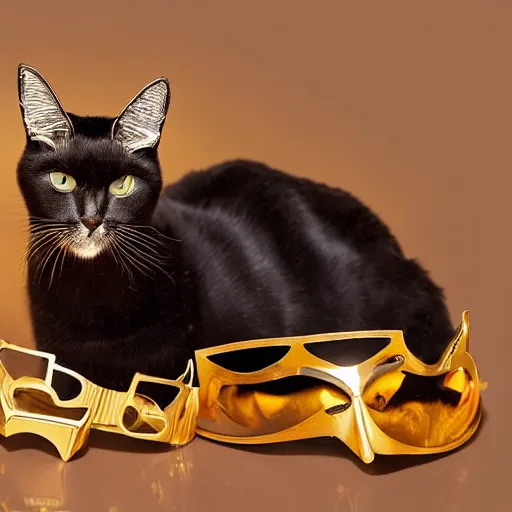 Prompt: a cat wearing a golden crown and black goggles, studio photograph