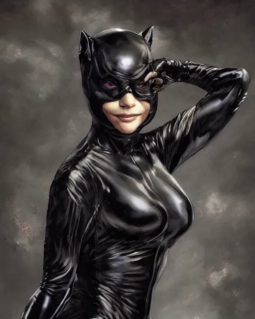 Prompt: hyper realistic painting of young michelle pfeiffer as catwoman, hyper detailed, by clay mann, ayami kojima and greg rutkowski, trending on artstation