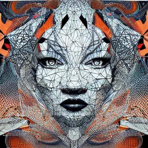 Image similar to Geometrically abstract dimensions, extremely high detail, photorealistic, intricate dotart, album art in the style of James Jean