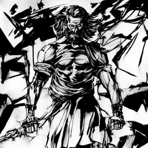 Image similar to portrait jesus in a jojo pose about to fight the final boss, illustration by yoji shinkawa