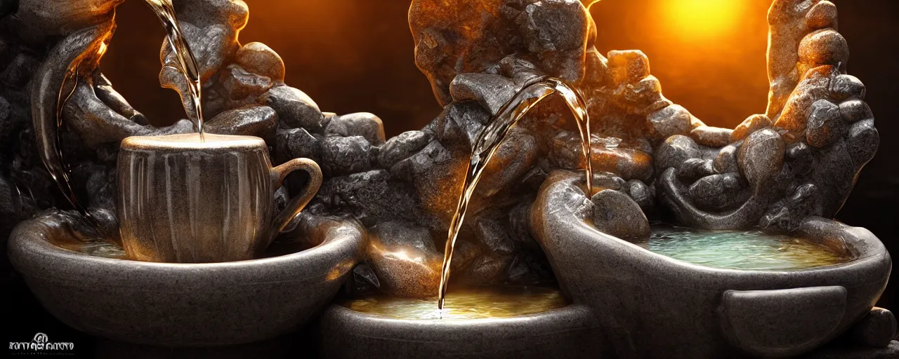 Prompt: an intricate detail of a large stone fountain of coffee mug with black coffee flowing in it and hot spring, fantasy, highly detailed, cinematic lighting, volumetric lighting, Artstation, concept art, hyper realistic, cgsociety