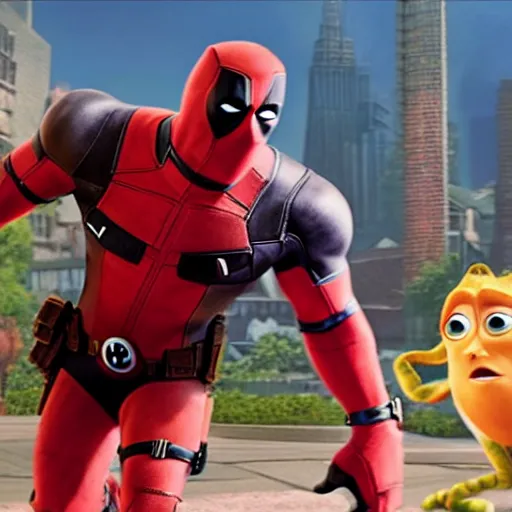 Prompt: Deadpool As seen in Pixar animated movie Monsters Inc. 4K quality super realistic