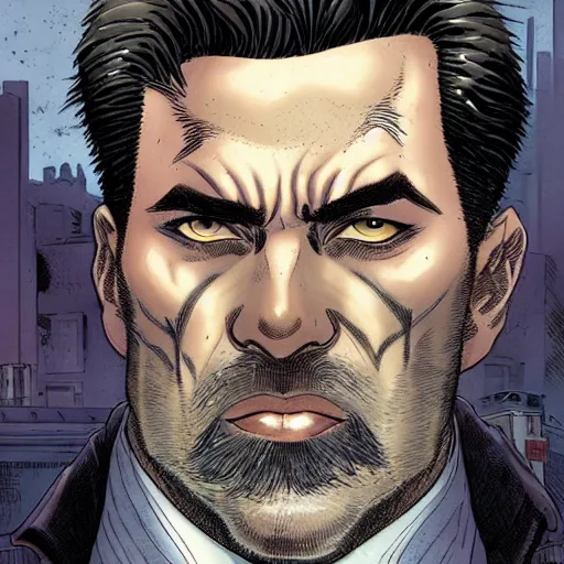 Image similar to portrait of a greying pale vampire police officer with short hair and a patchy beard, close up, grimy streets backdrop, highly detailed, sharp focus, perfect eyes, art by russell dauterman and patrick gleason