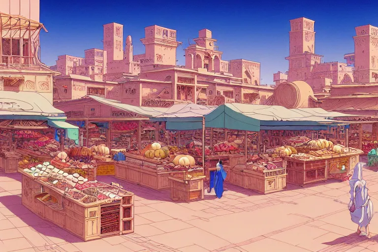 Image similar to cel-shaded study of a marketplace in a desert city with late renaissance buildings in the background, key visual with intricate linework, in the style of moebius, ayami kojima, 90's anime, retro fantasy