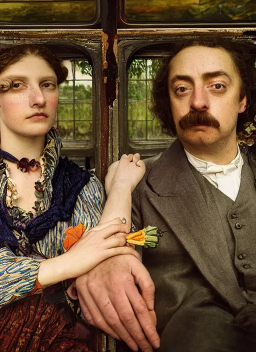 Image similar to detailed colourful masterpiece of photography by anne leibovitz couple portrait sat down extreme closeup, love, inside an underwater train, detailed realistic expressions, wearing unusual clothes, by ford madox brown and william powell frith and frederic leighton, ultra wide angle
