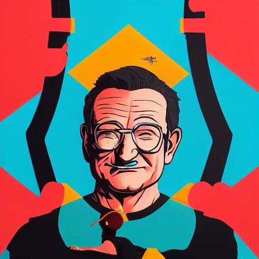 Prompt: robin williams x disney street art mural by sachin teng x supreme : 1 high contrast, hard edges, matte painting, geometric shapes, disney, masterpiece : 1